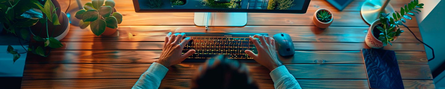 Ergonomischer Arbeitsplatz mit beleuchteter Tastatur, Monitor und Topfpflanzen auf einem Holzschreibtisch